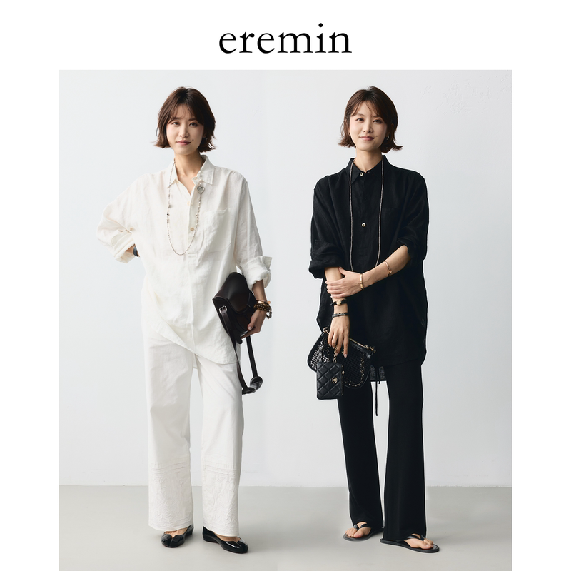 Eremin Lin Moqing/White Shirt/Japanese-Style Pleated Solid Color Lapel Loose-Fitting All-Linen Shirt