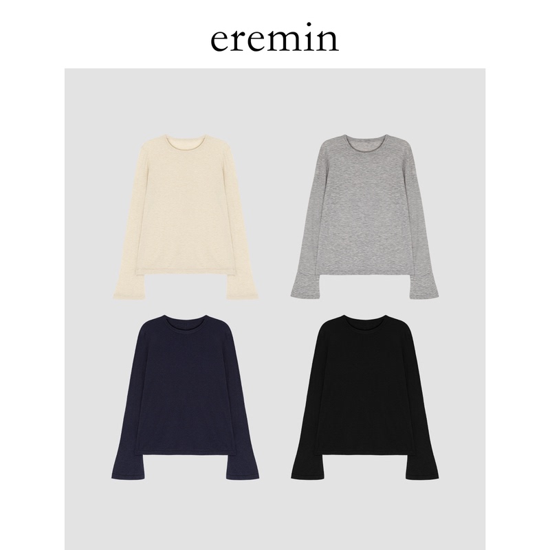 Eremin Lin Moqing/Flared Sleeve Knit/Double Yarn Round Neck Simple High-End Long Sleeve Solid Color Base Shirt for Women