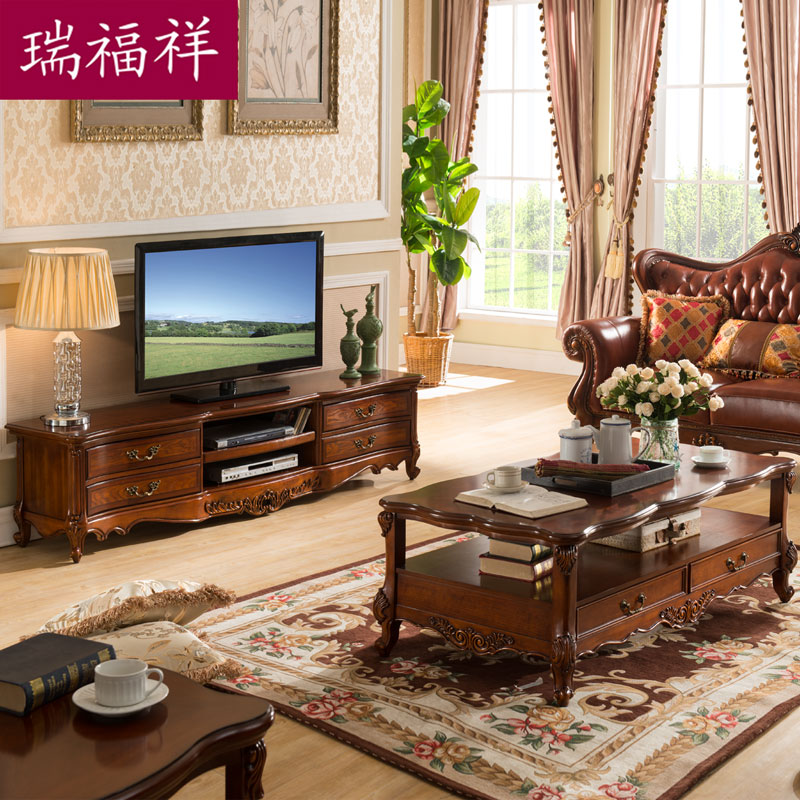 Ruifuxiang phòng khách đặt đồ nội thất phong cách Mỹ gỗ rắn sofa da + bàn cà phê + tủ TV + góc một số gói