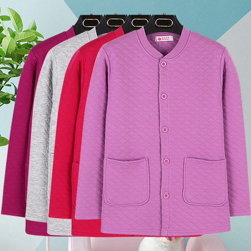 Middle aged autumn clothes women's moms triple layer pair of cardiovert loose pure cotton elderly clip cotton blouse thickened thermal underwear