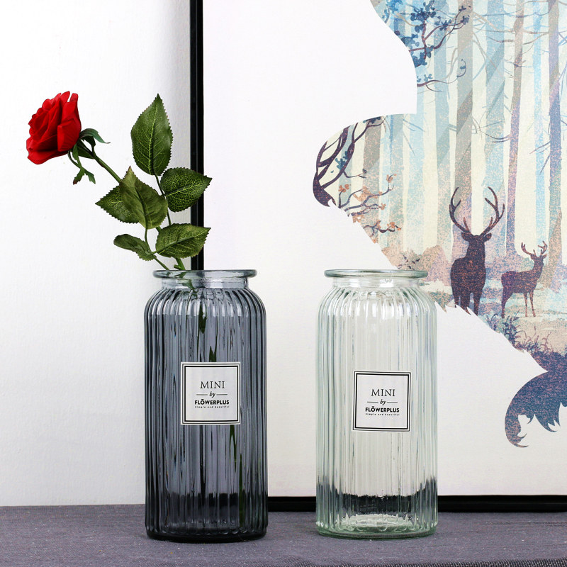 Transparent minimalist glass vase Moka bottle cylindrical striped hydroponic vase modern European-style home flower arrangement pendulum