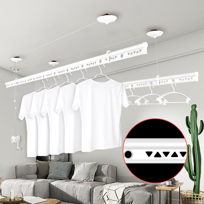 Balcony hand lifting clothes rack Manual clothes rack white double rod black hollow clothes rack Household drying rack