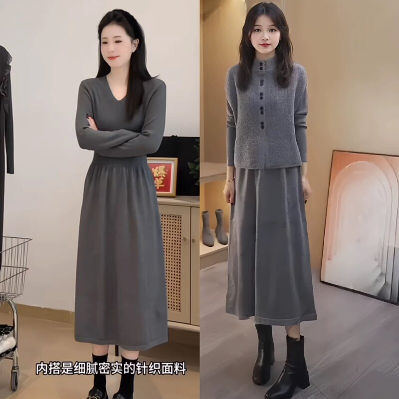 Two-Piece Suit Knitted Vest Sweater Dress Autumn and Winter Mid-Length Over-The-Knee Dress Vest Waist-Cinching Slimming Base Dress