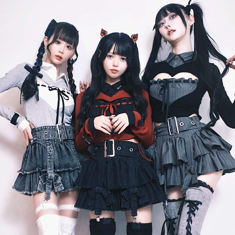 Japanese Brand Harajuku Hidol Heart-Shaped Hollow-Out Open-Chest Knit Color-Block Elegant Sexy Slim-Fit Lapel Shirt Light Lolita Style Japanese Brand Harajuku Hidol Heart-Shaped Hollow-Out Open-Chest Knit Color-Block Elegant Sexy Slim-Fit Lapel Shirt Light Lolita Style