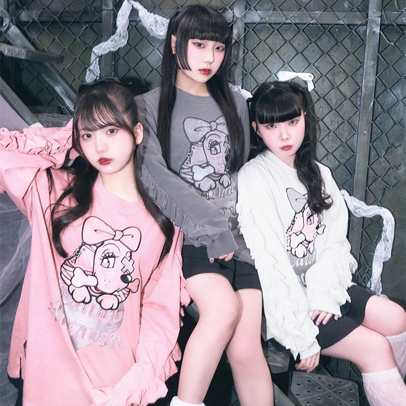 Japanese-Style Macaron Collaboration Candy Galfy Bandage Dog Lace Embroidery Trim Long-Sleeve T-Shirt for Women Japanese-Style Macaron Collaboration Candy Galfy Bandage Dog Lace Embroidery Trim Long-Sleeve T-Shirt for Women