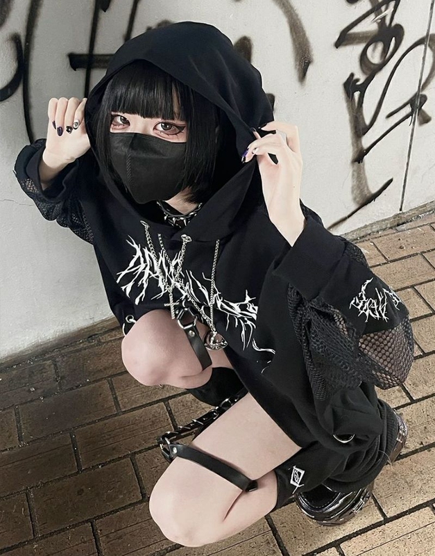 Japanese Harajuku Ililil Subculture Dark Gothic Punk Rock Skull Street Hoodie Jacket Mesh Sleeves