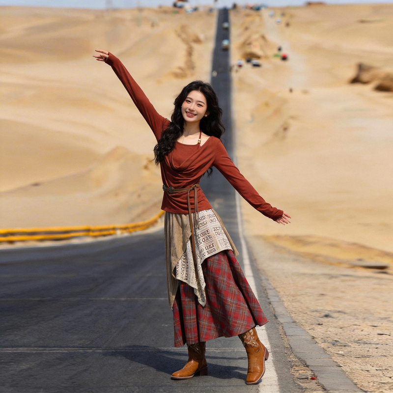 Dunhuang Desert Wasteland Style Half-Length Skirt, High-End Feel, Qinghai-Gansu Grand Loop Route, Northwest Travel Outfit, Trendy Girl Set for Women