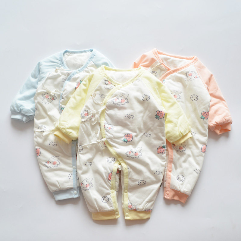 0-6 months newborn pure cotton butterfly clothing baby oblique breast tie long sleeve quilted jumpsuit baby autumn and winter