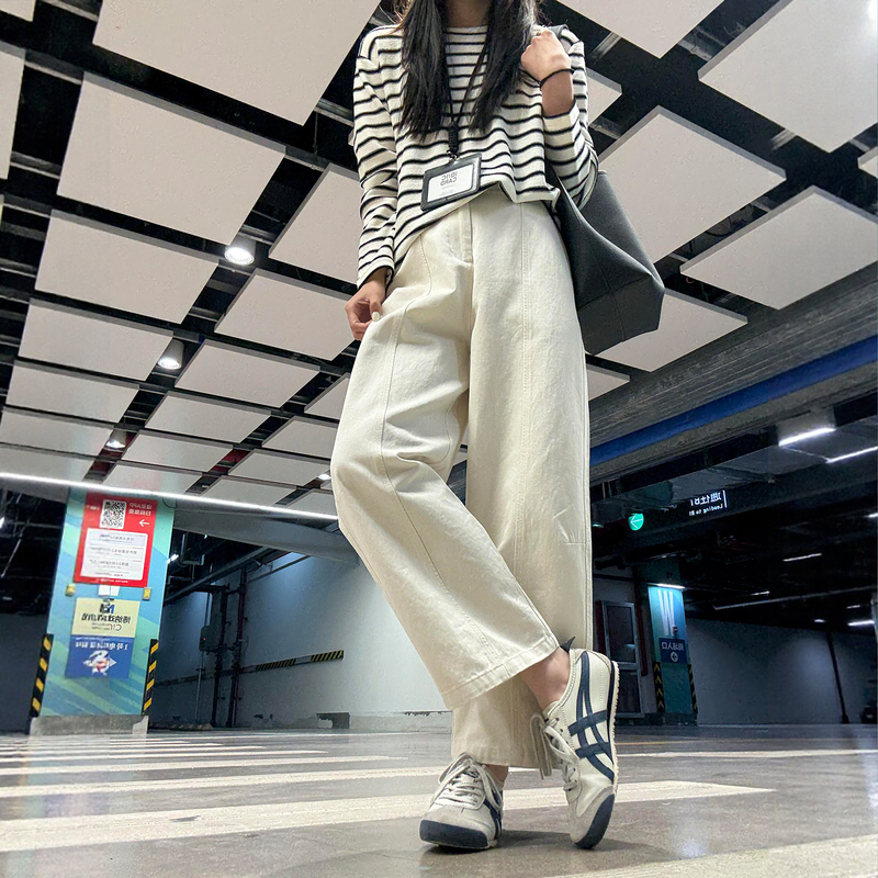 Narrow Fit Off-White Cropped Pants for Women, New Summer High-Waisted Slimming Old Money Style, Petite Wide-Leg Balloon Pants