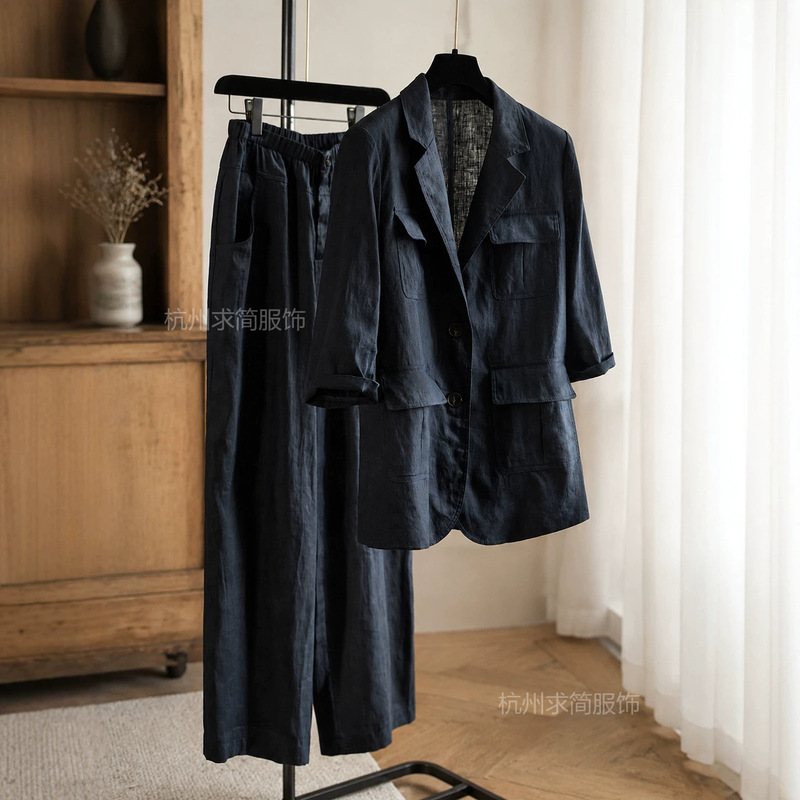 100% Linen Suit, Old Money Style, 2026 New Model, 7/8 Sleeves, Sun-Protective Blazer, Relaxed Fit, Slightly Wide-Leg Suit Pants for Women
