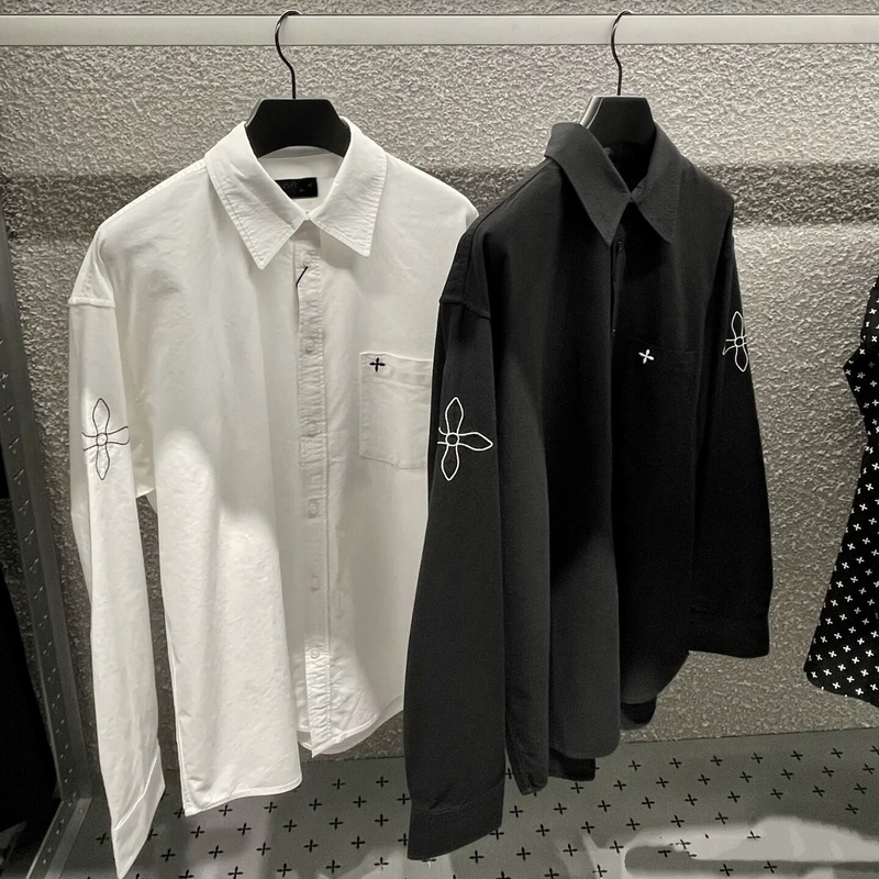 Sk Cross-Pattern Classic Shirt, Same Style as Yu Wenwen, Embroidered Solid Color Retro Loose Black and White Top [Collection]