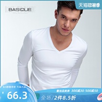 Yuanben Xinjiang cotton autumn v-neck long-sleeved t-shirt mens inner tide Korean version of mens slim-fit base shirt white top