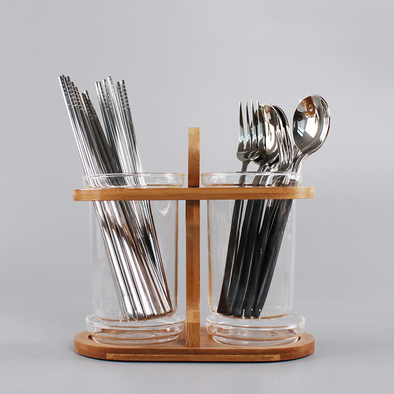 Hollow Gaopeng glass chopstick holder Chopstick tube drain box Japanese creative wooden frame double barrel mildew cage Bone China chopstick cage