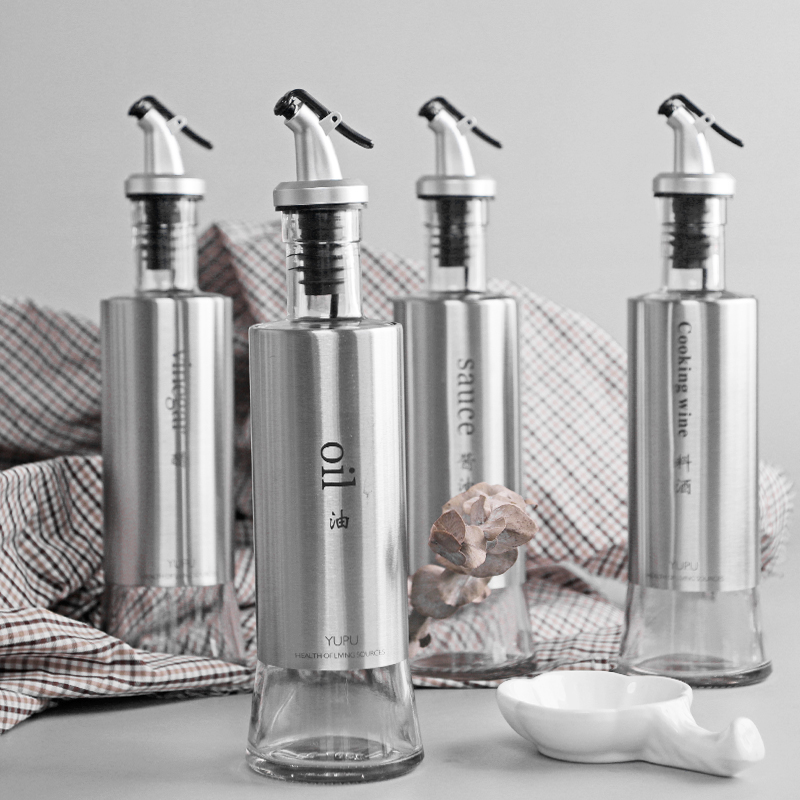 Stainless steel oil pot Glass leak-proof oil bottle Vinegar tank Kitchen household seasoning bottle Oil tank Soy sauce seasoning bottle material wine bottle