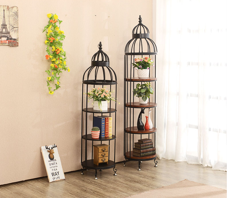 Wrought iron bird cage Solid wood flower frame Climbing rattan partition Floor shelf Storage shelf Floor-to-ceiling corner bookshelf