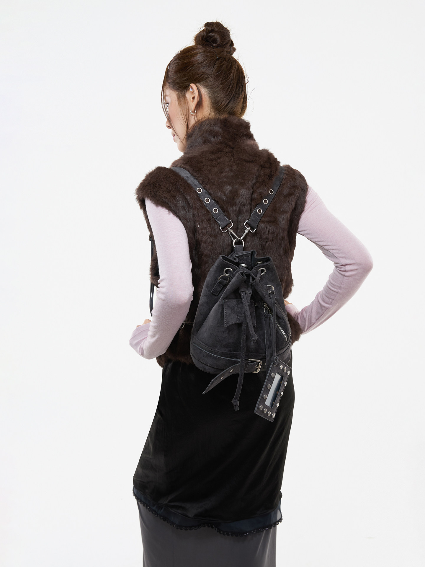JANDRESS Blue-Grey PU Leather Drawstring Bucket Bag