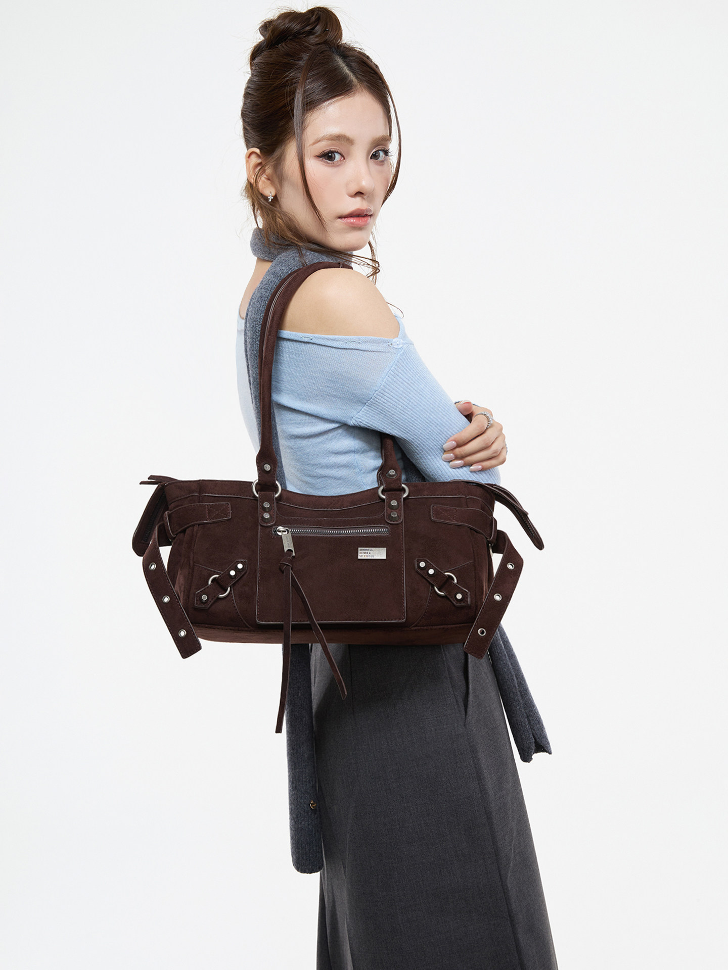 JANDRESS Suede Brown Studded Moto Underarm Bag