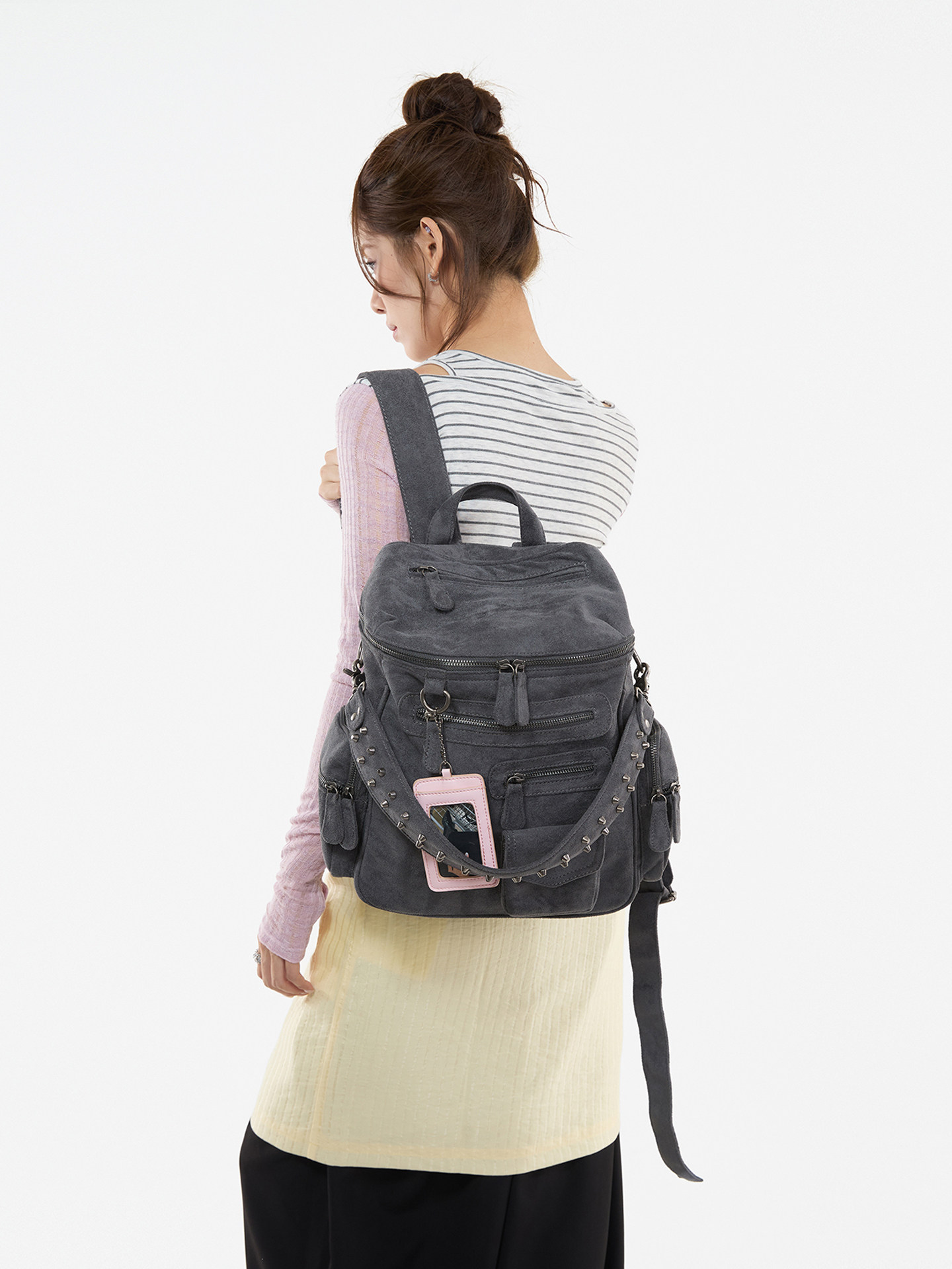JANDRESS Blue-Grey Studded Multi-Pocket Backpack