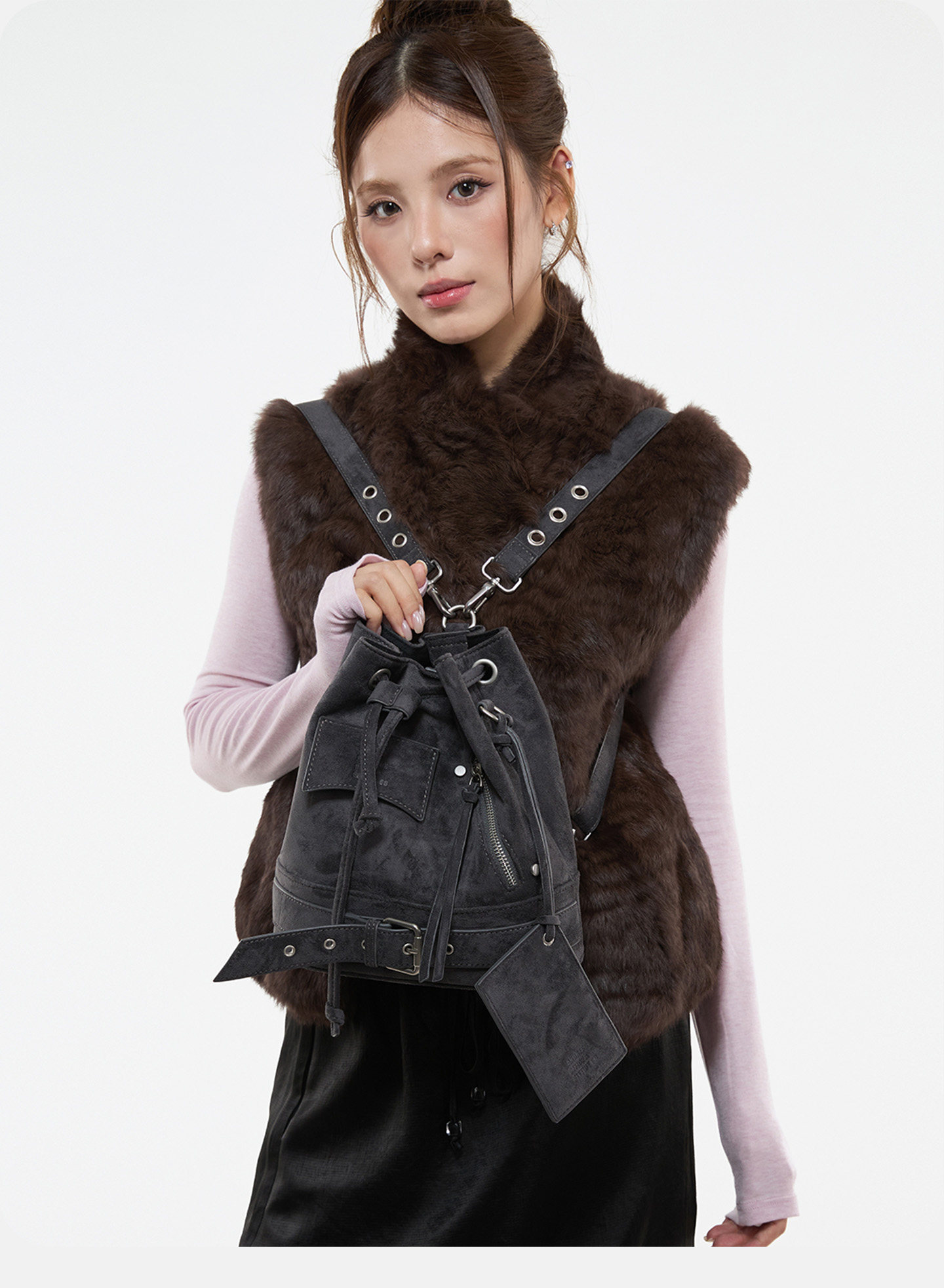 JANDRESS Blue-Grey PU Leather Drawstring Bucket Bag