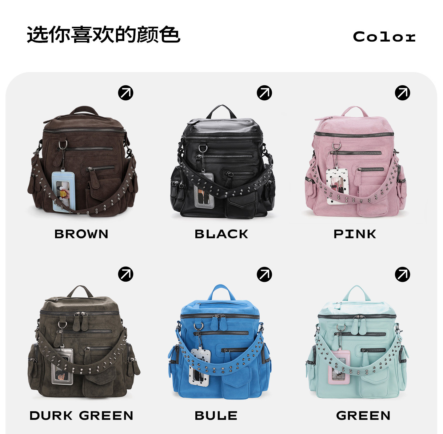 JANDRESS Blue-Grey Studded Multi-Pocket Backpack