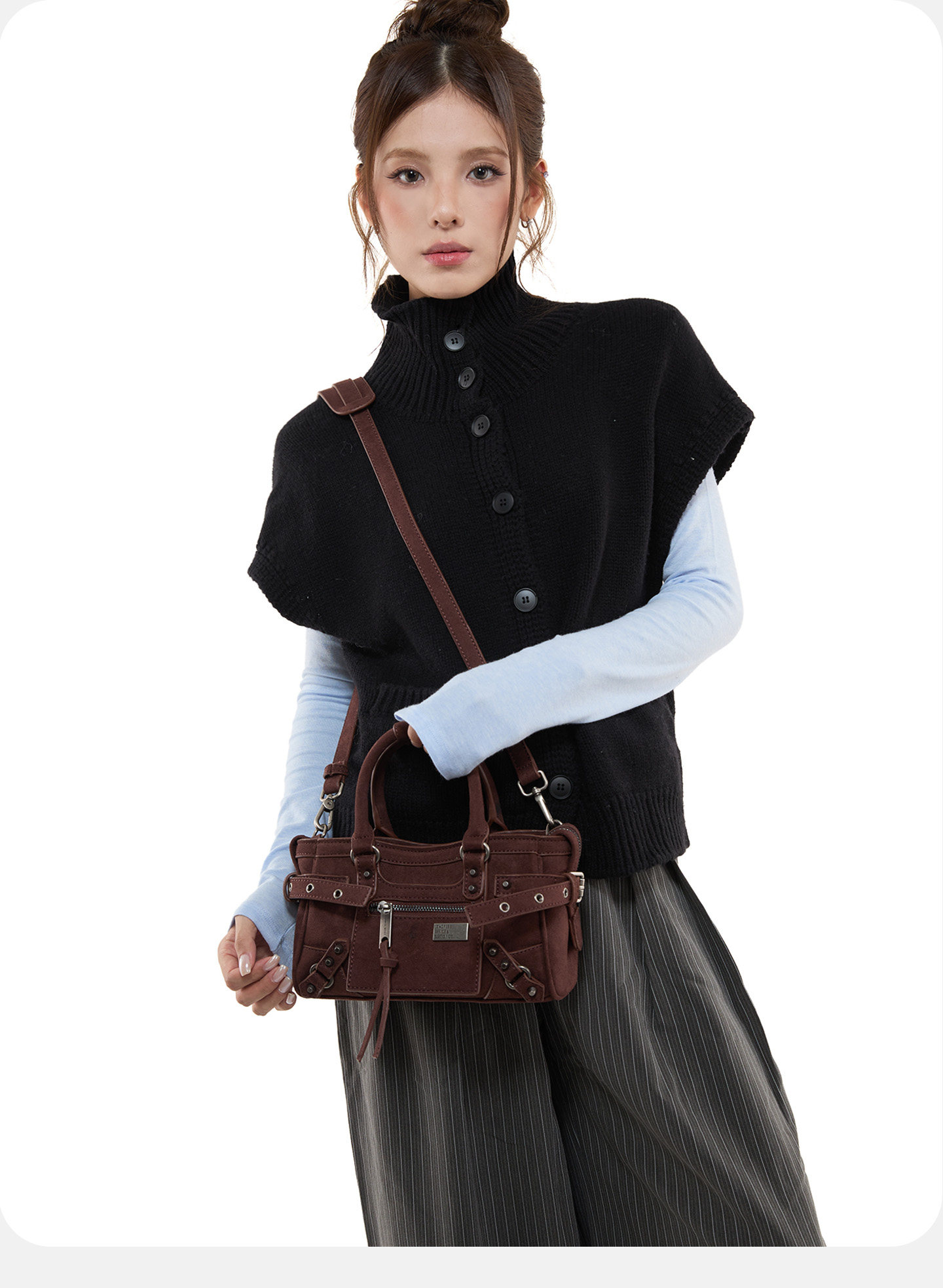 JANDRESS Brown PU Leather Studded Crossbody Bag