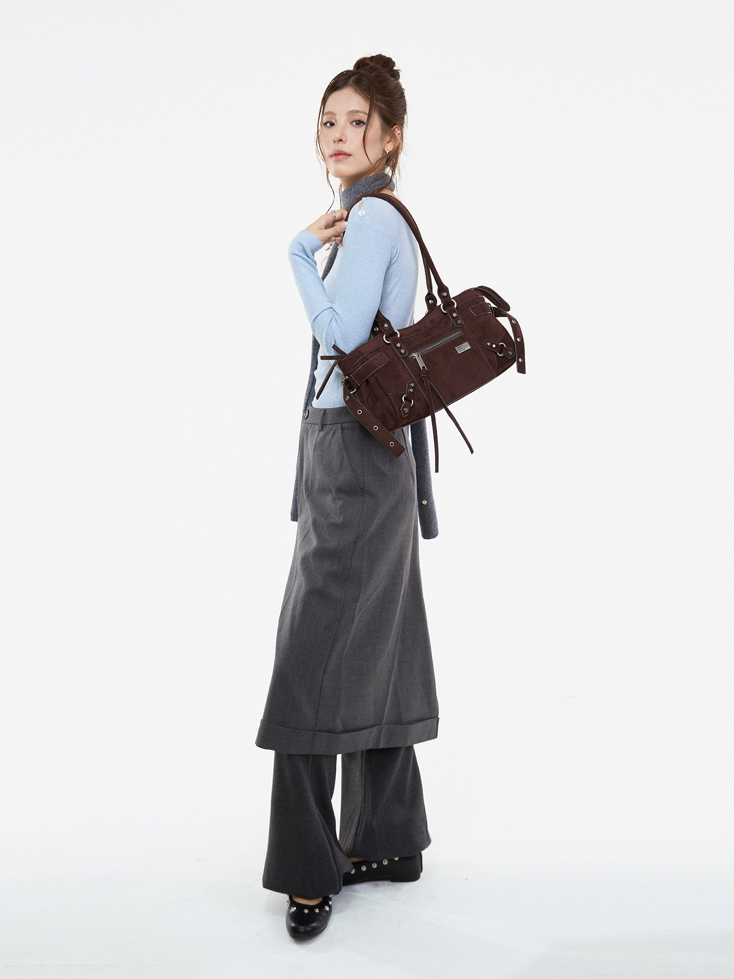 JANDRESS Suede Brown Studded Moto Underarm Bag