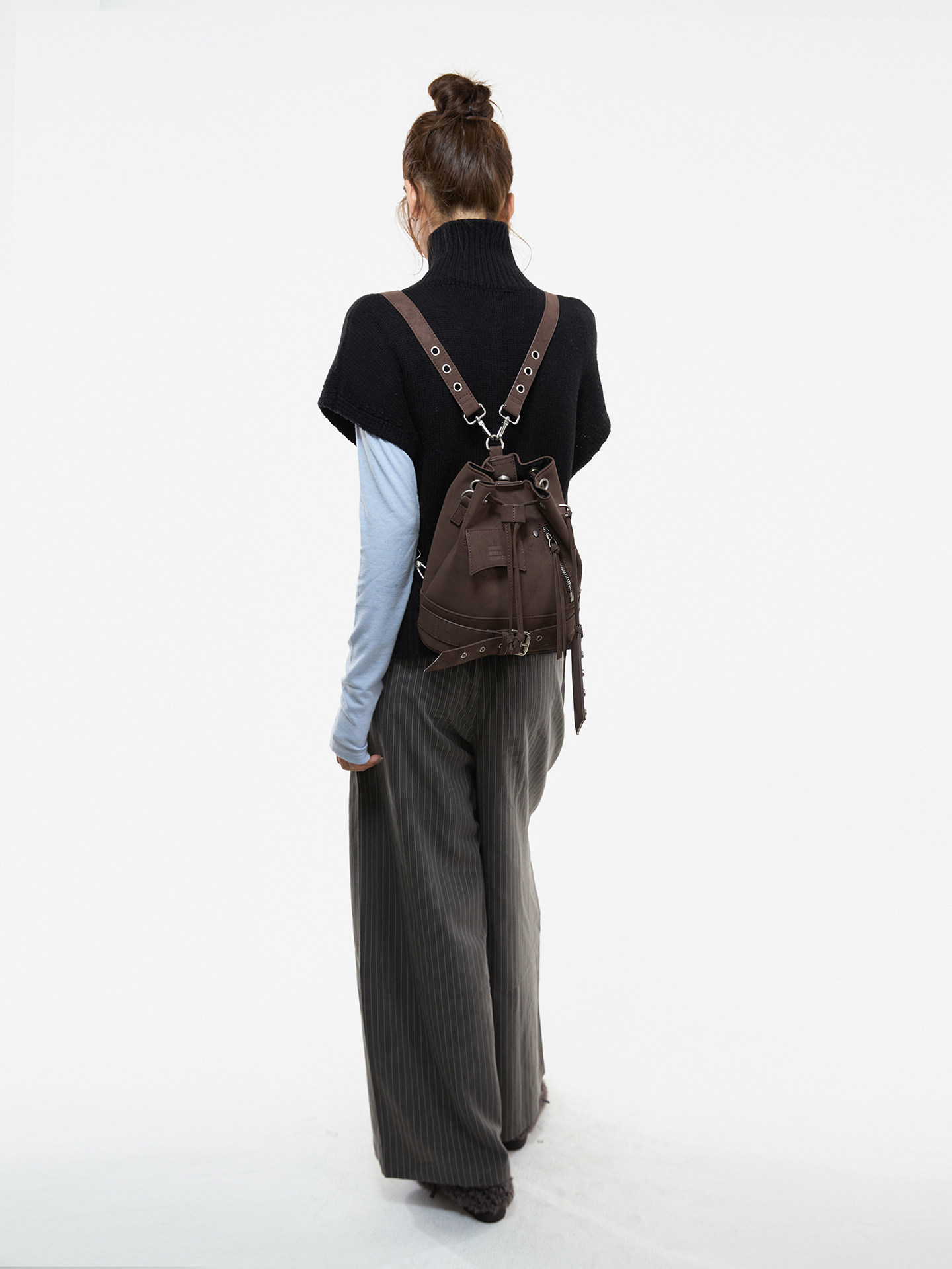 JANDRESS Brown PU Drawstring Bucket Bag