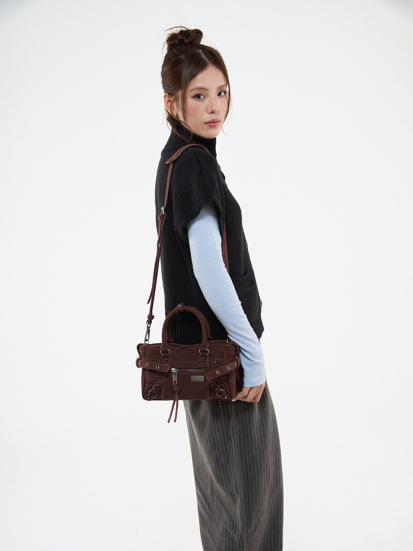 JANDRESS Brown PU Leather Studded Crossbody Bag