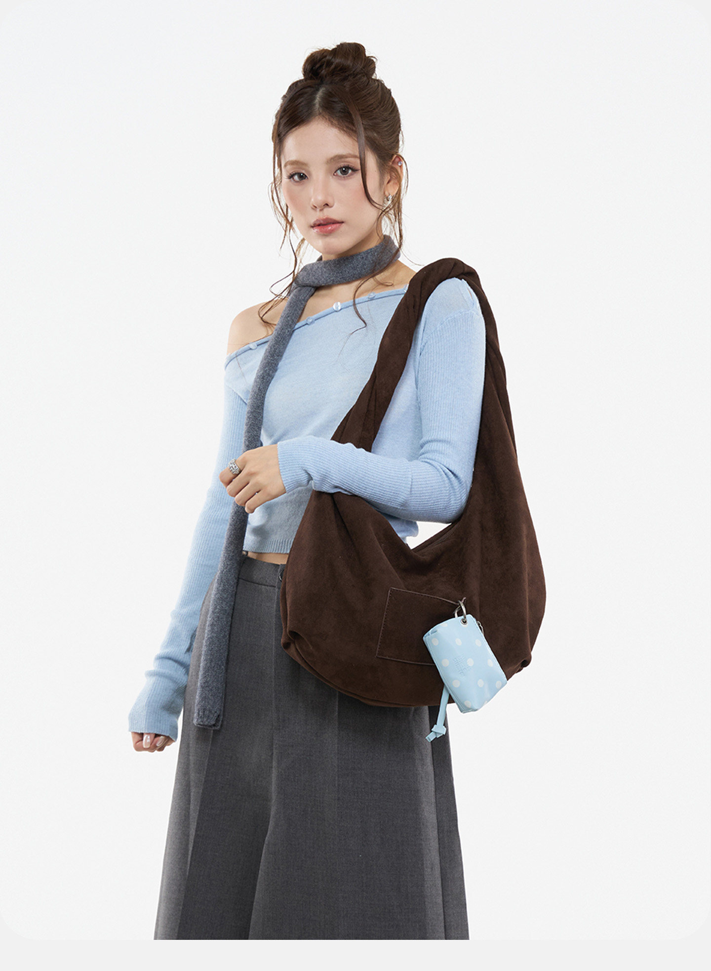 JANDRESS Suede Brown Twisted Pocket Underarm Bag