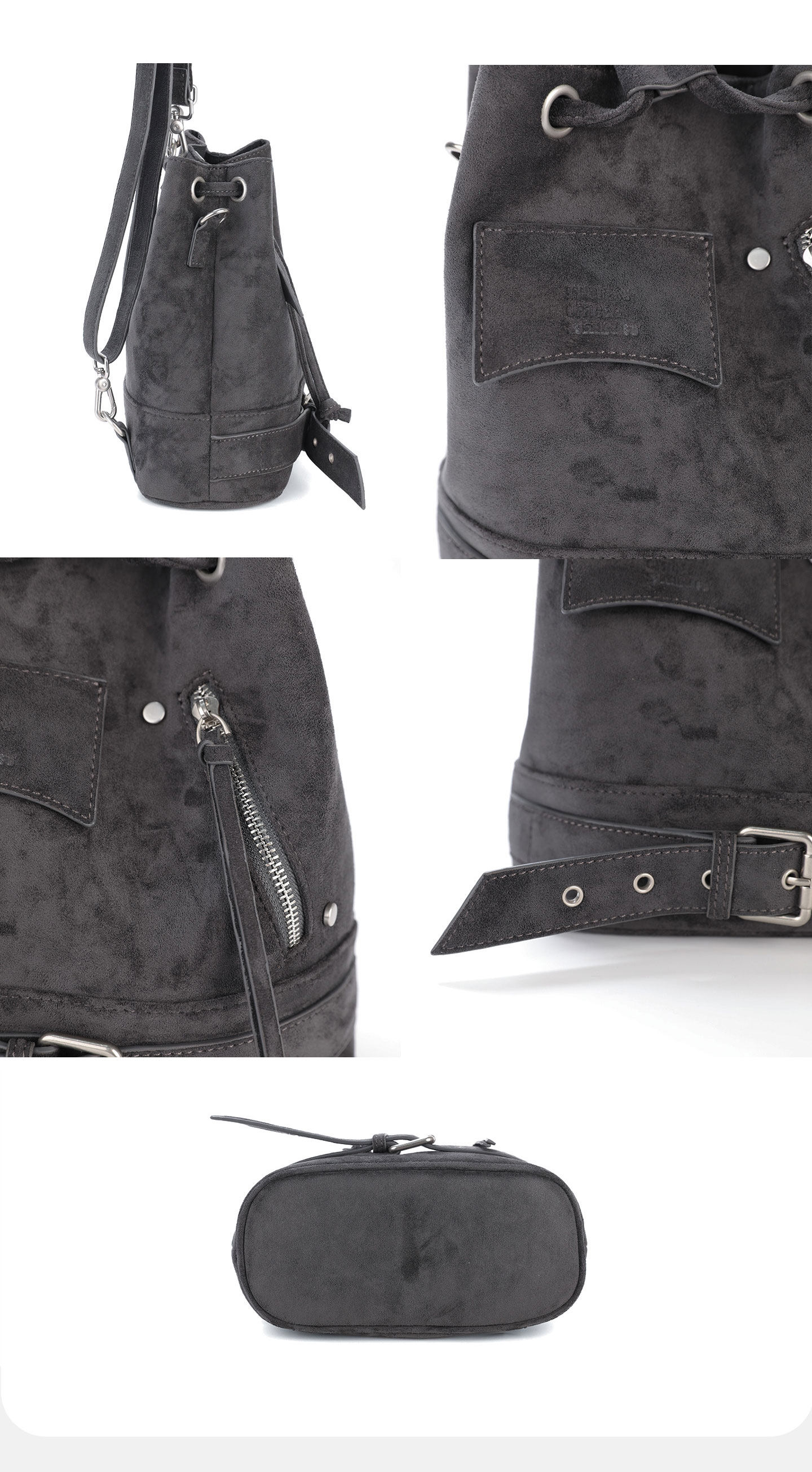 JANDRESS Blue-Grey PU Leather Drawstring Bucket Bag