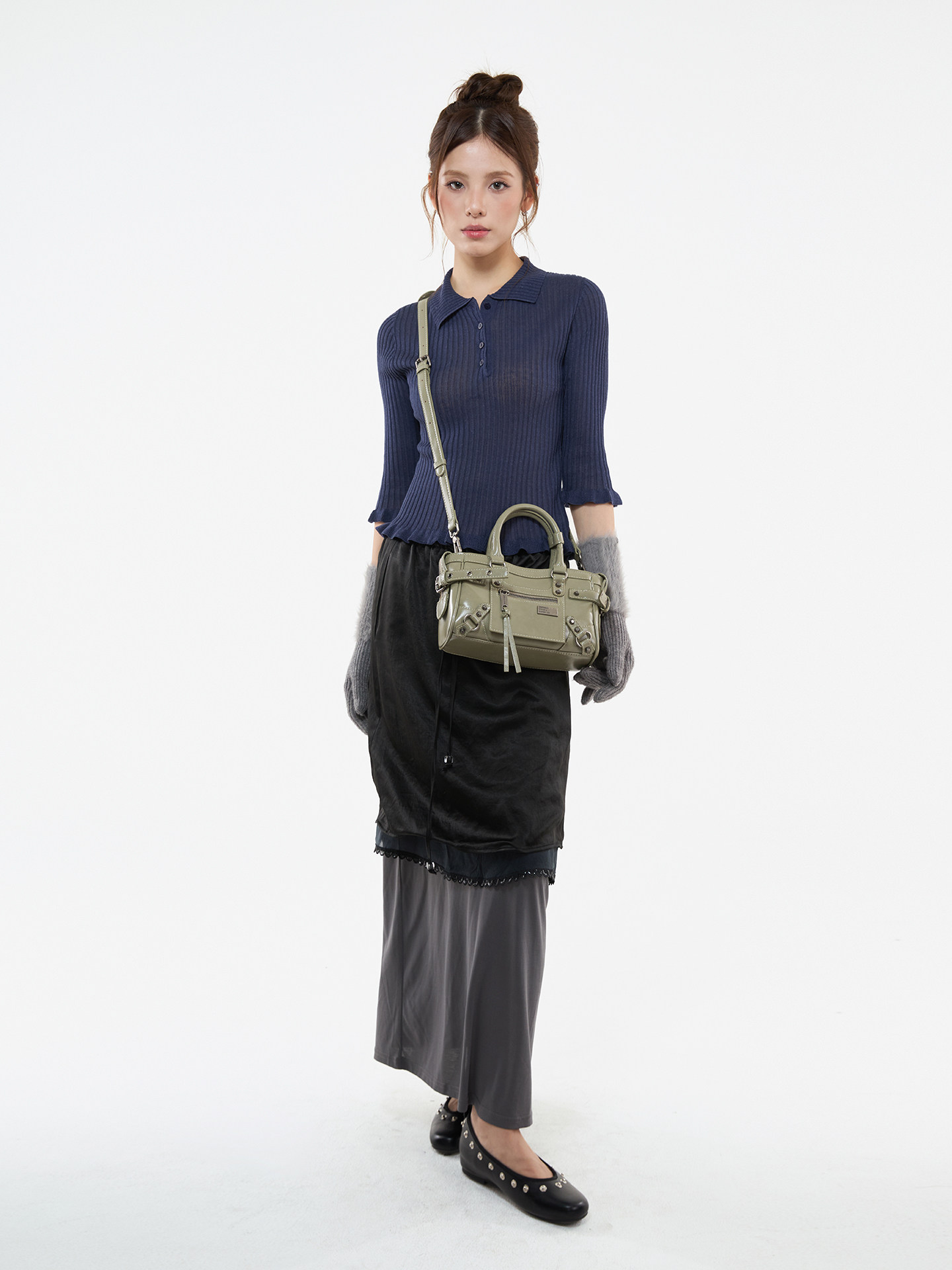 JANDRESS Sage Green Faux Leather Studded Mini Crossbody Bag - Zip-Top