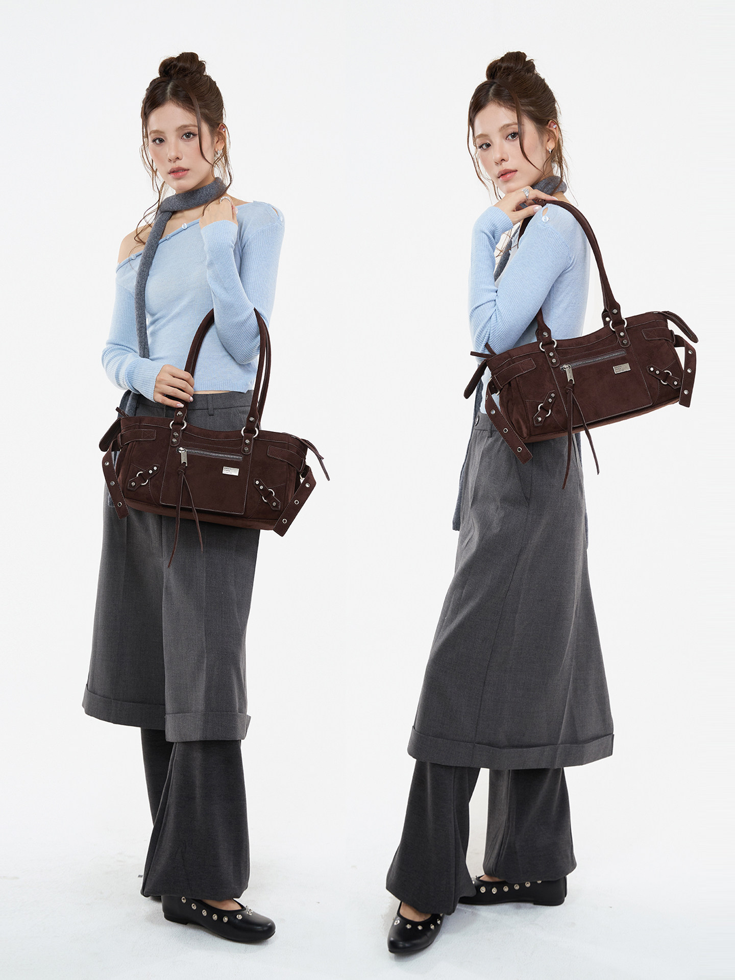JANDRESS Suede Brown Studded Moto Underarm Bag