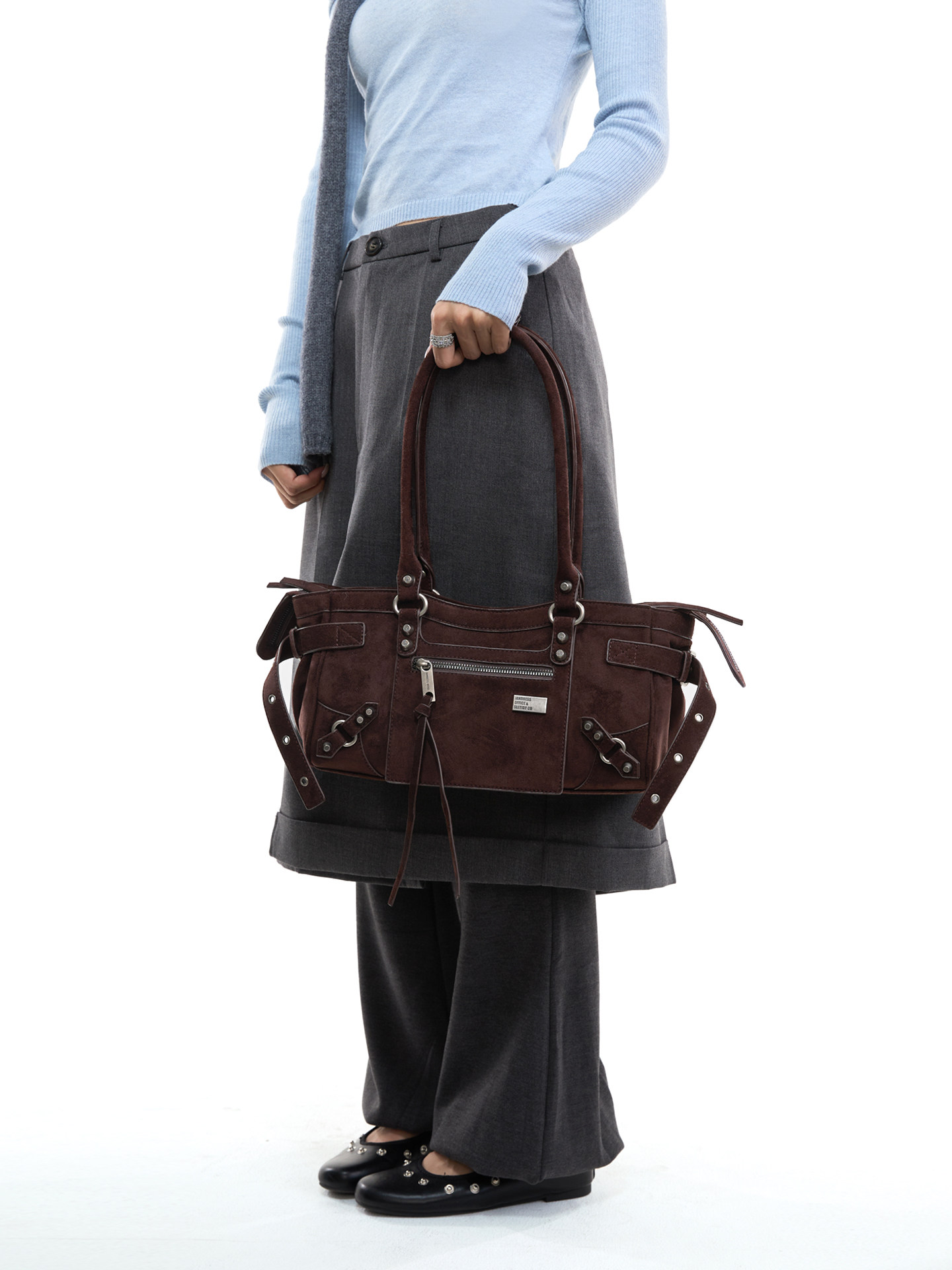 JANDRESS Suede Brown Studded Moto Underarm Bag