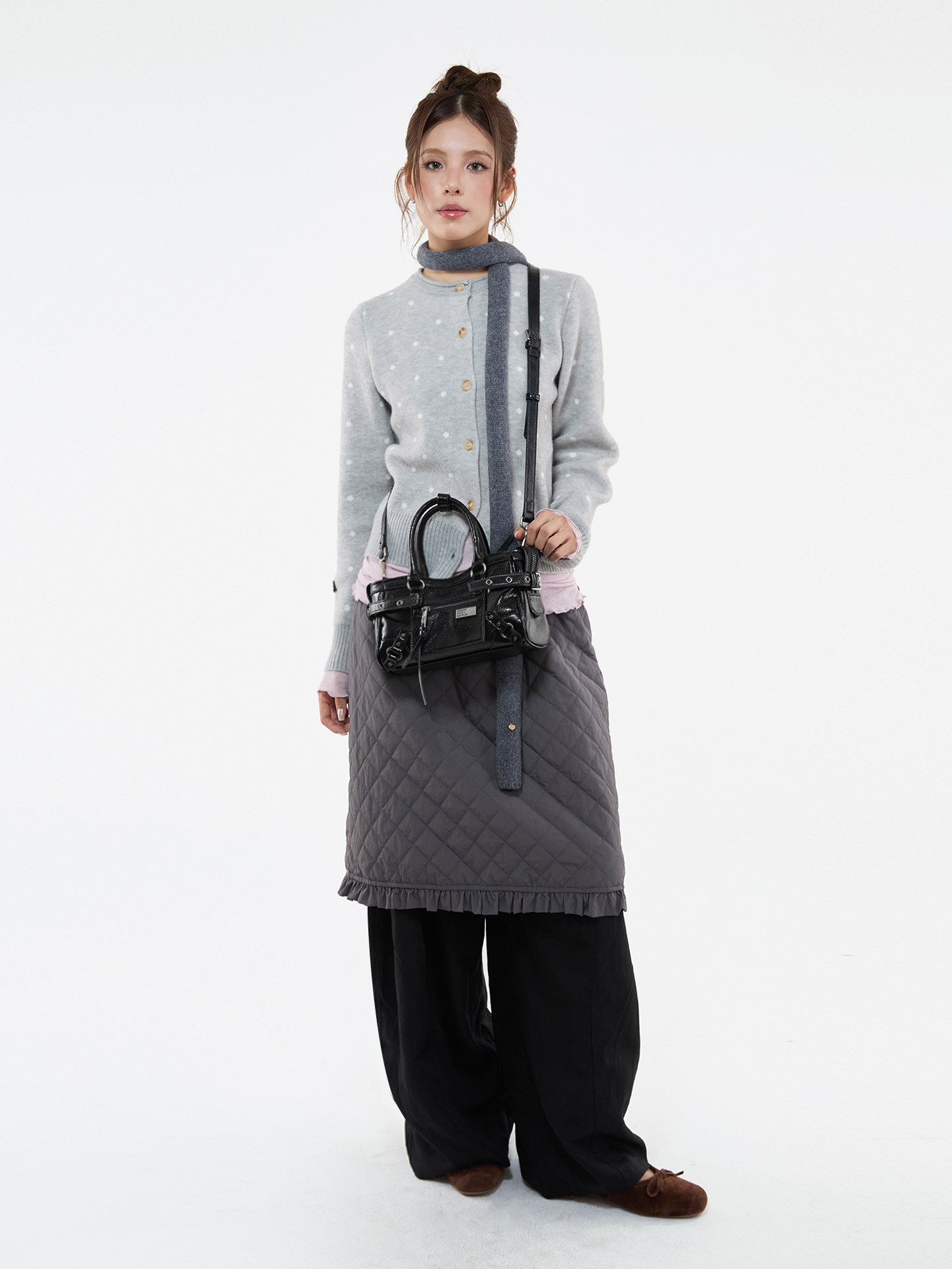 JANDRESS Black PU Leather Zip-Top Studded Mini Crossbody Bag