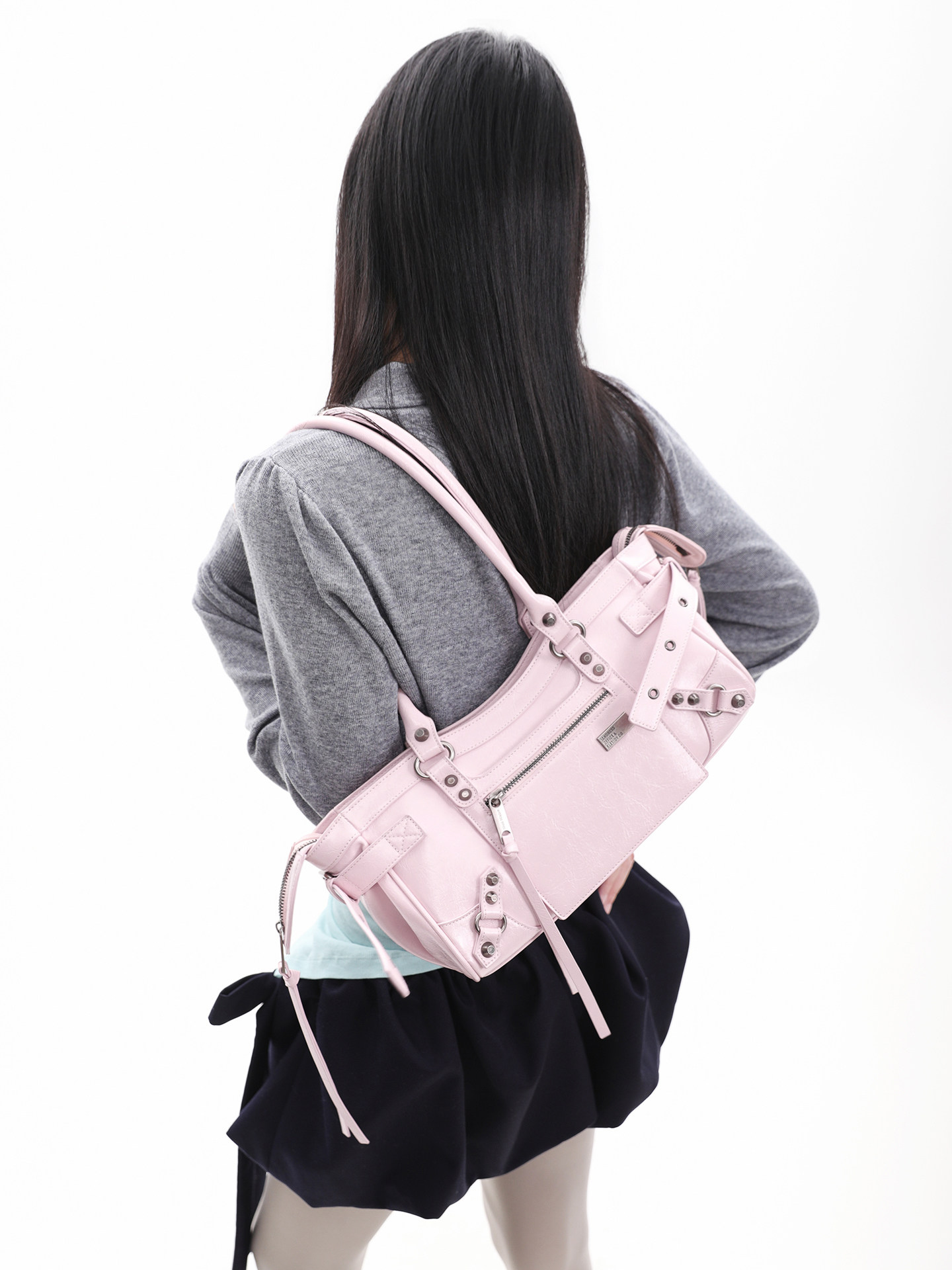 JANDRESS Pink Studded Biker Shoulder Bag