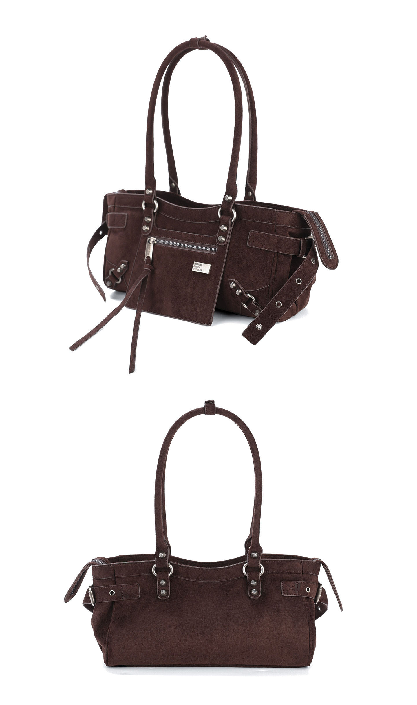 JANDRESS Suede Brown Studded Moto Underarm Bag