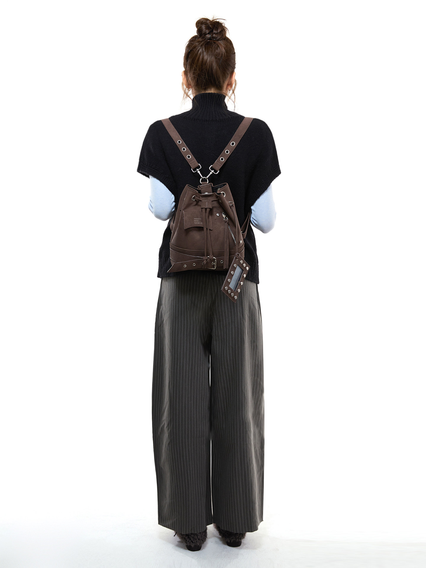 JANDRESS Brown PU Drawstring Bucket Bag