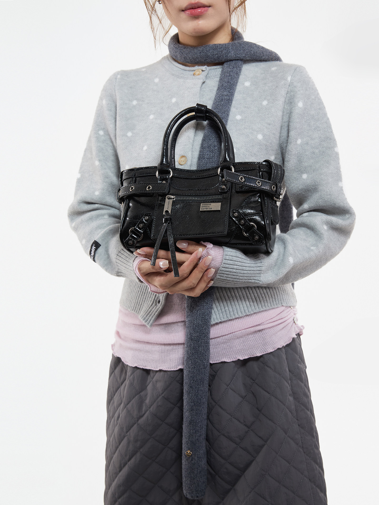 JANDRESS Black PU Leather Zip-Top Studded Mini Crossbody Bag