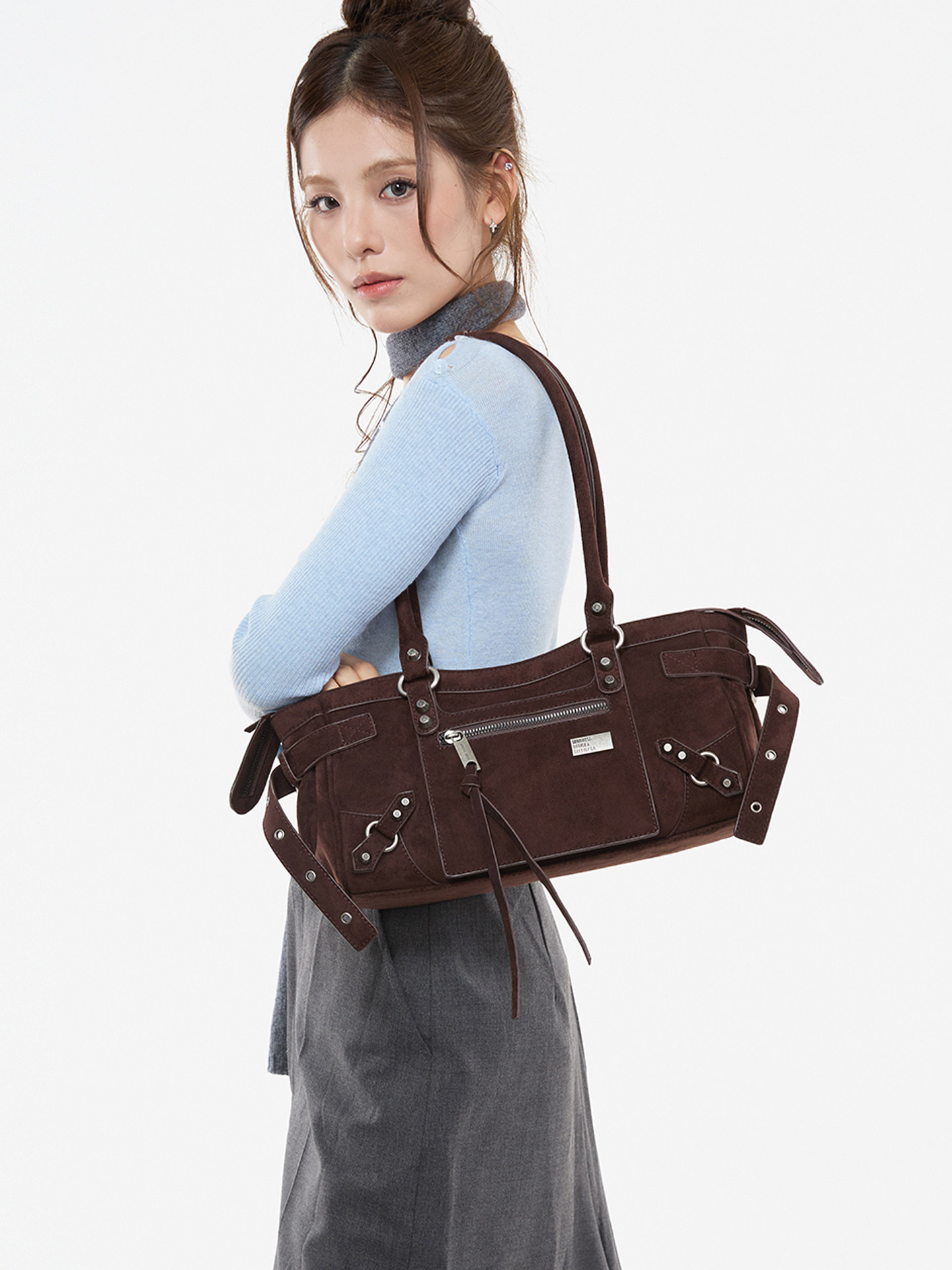 JANDRESS Suede Brown Studded Moto Underarm Bag
