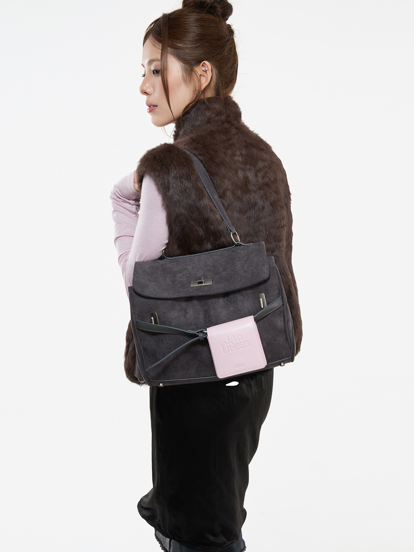 JANDRESS Blue-Grey Suede Clasp Backpack
