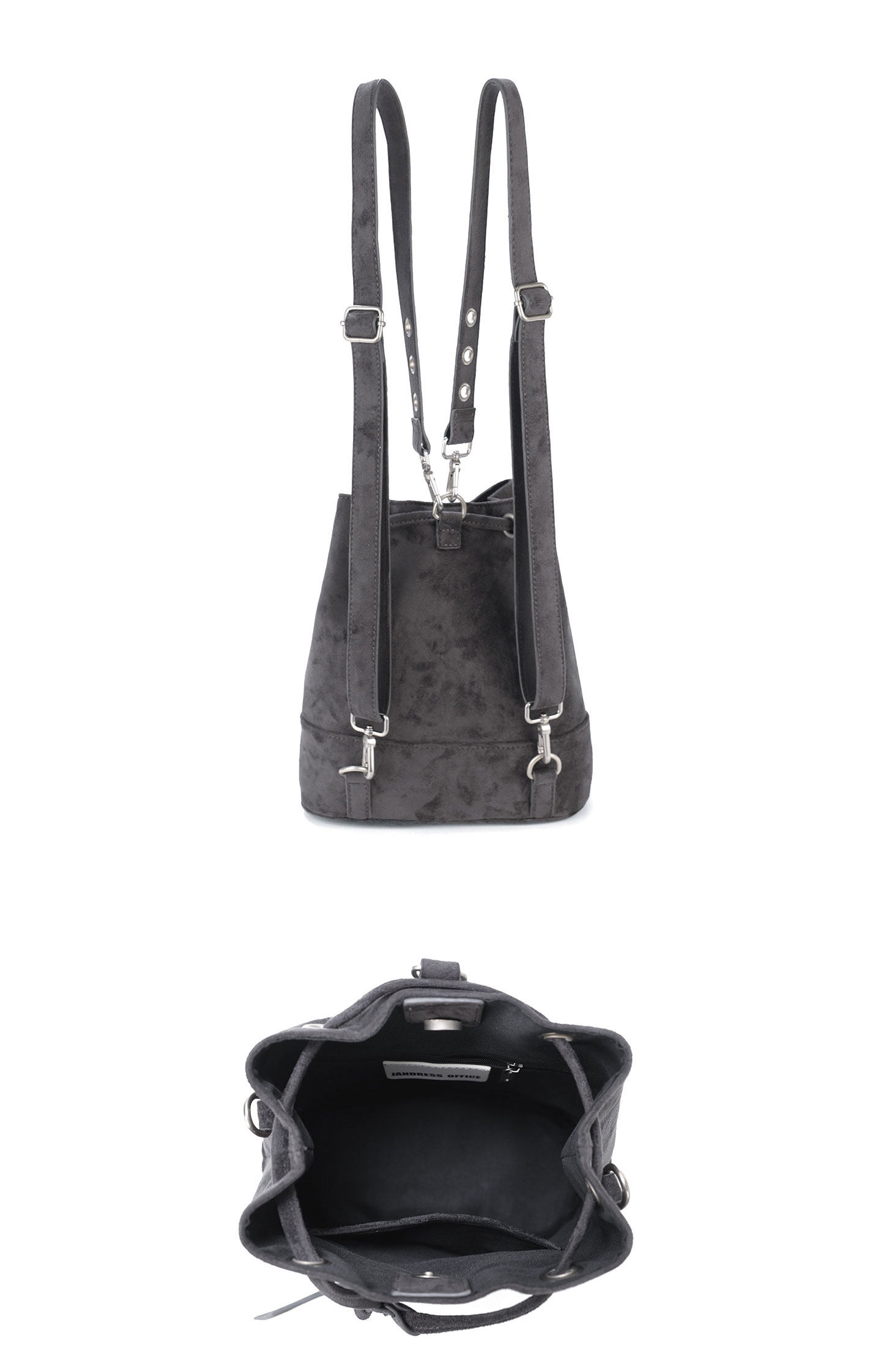 JANDRESS Blue-Grey PU Leather Drawstring Bucket Bag