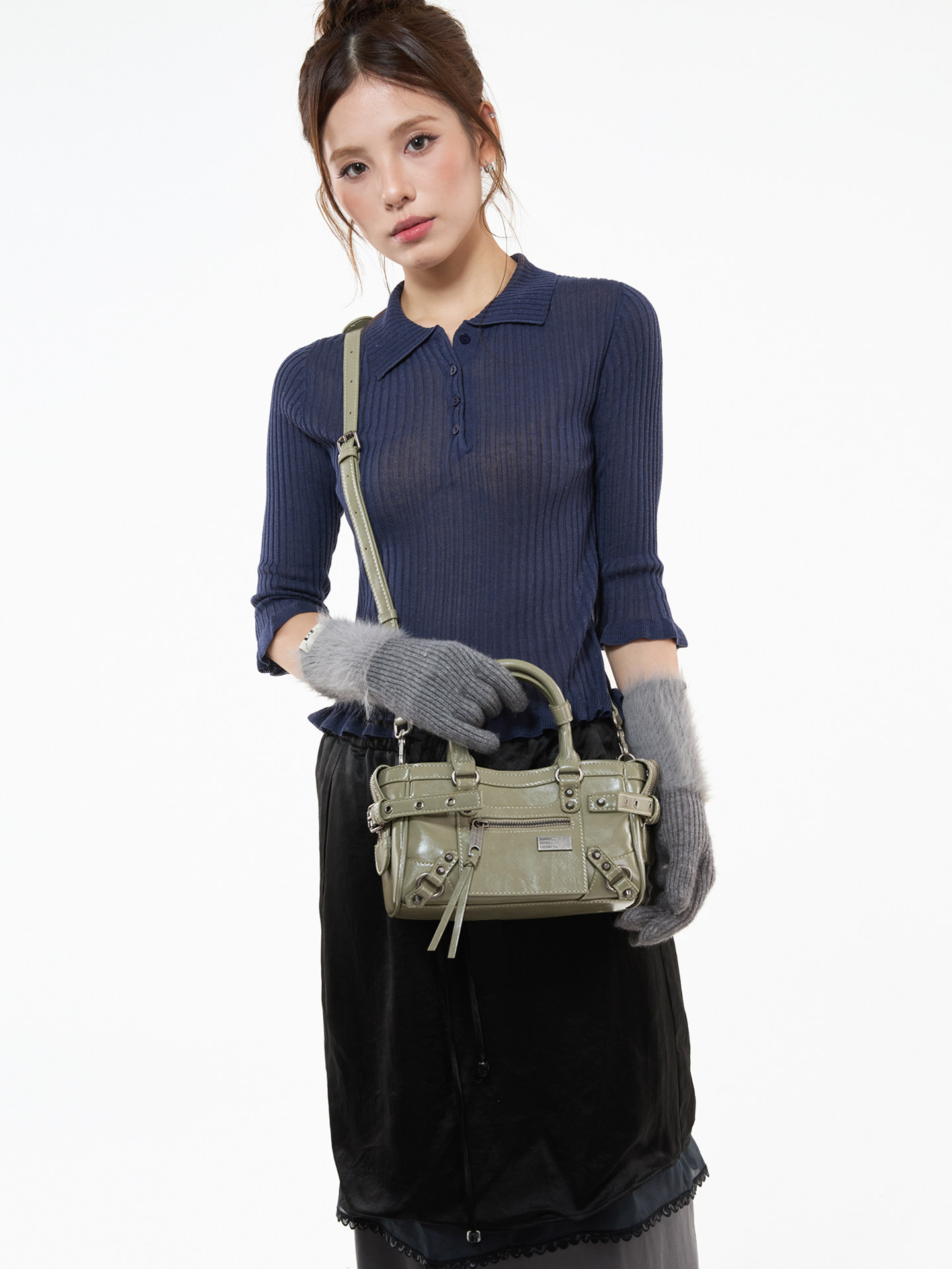JANDRESS Sage Green Faux Leather Studded Mini Crossbody Bag - Zip-Top