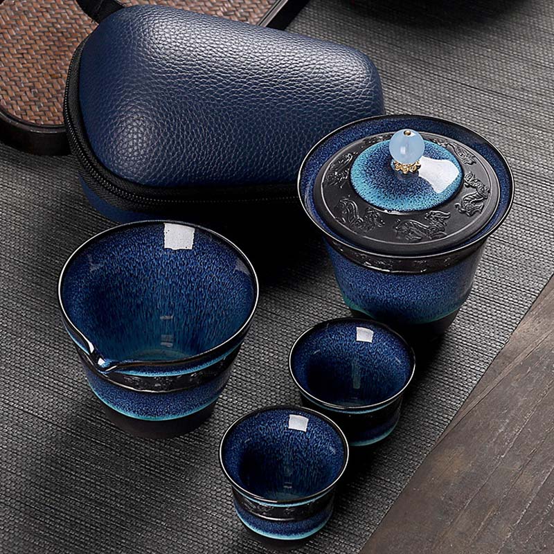 Travel Ji-Blue Kung fu tea with portable suit cover bowl small set One pot of two cup containing bag car carrying carry-on ceramic cup