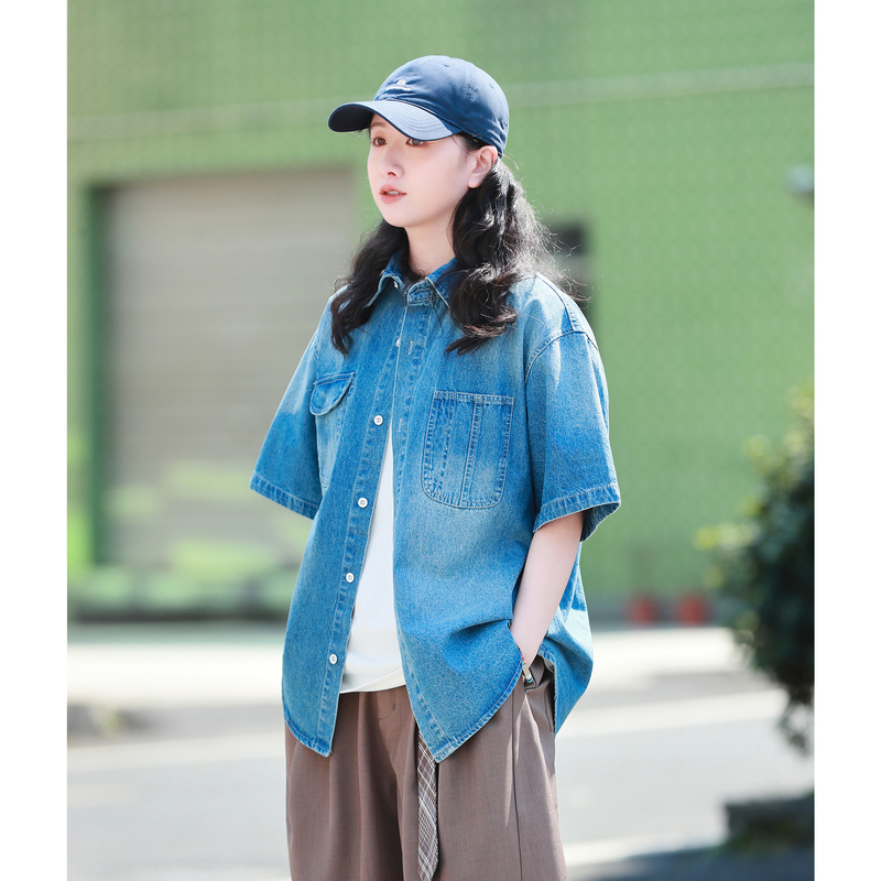 Japanese Retro Washed Vintage Workwear Denim Short-Sleeve Shirt Unisex Loose Multi-Pocket Shirt Jacket with a High-End Feel Japanese Retro Washed Vintage Workwear Denim Short-Sleeve Shirt Unisex Loose Multi-Pocket Shirt Jacket with a High-End Feel