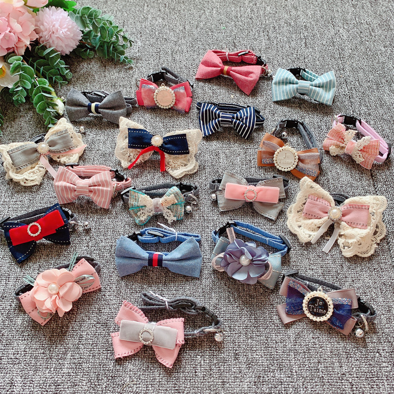 Japanese cute bow cat collar plaid lace pet decoration