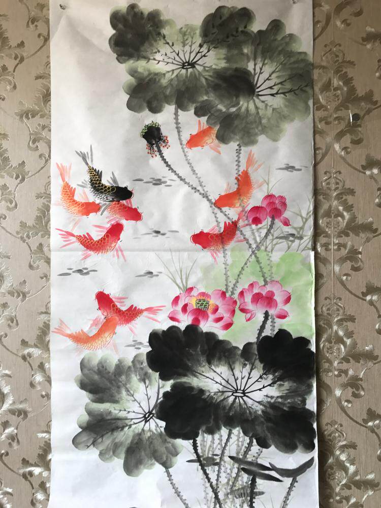 Lotus Nine Fish Diagram Feng Shui Chinese Painting Ink Freehand Flower and Bird Character Painting Pure Hand-Painted Living Room Office Decoration Painting