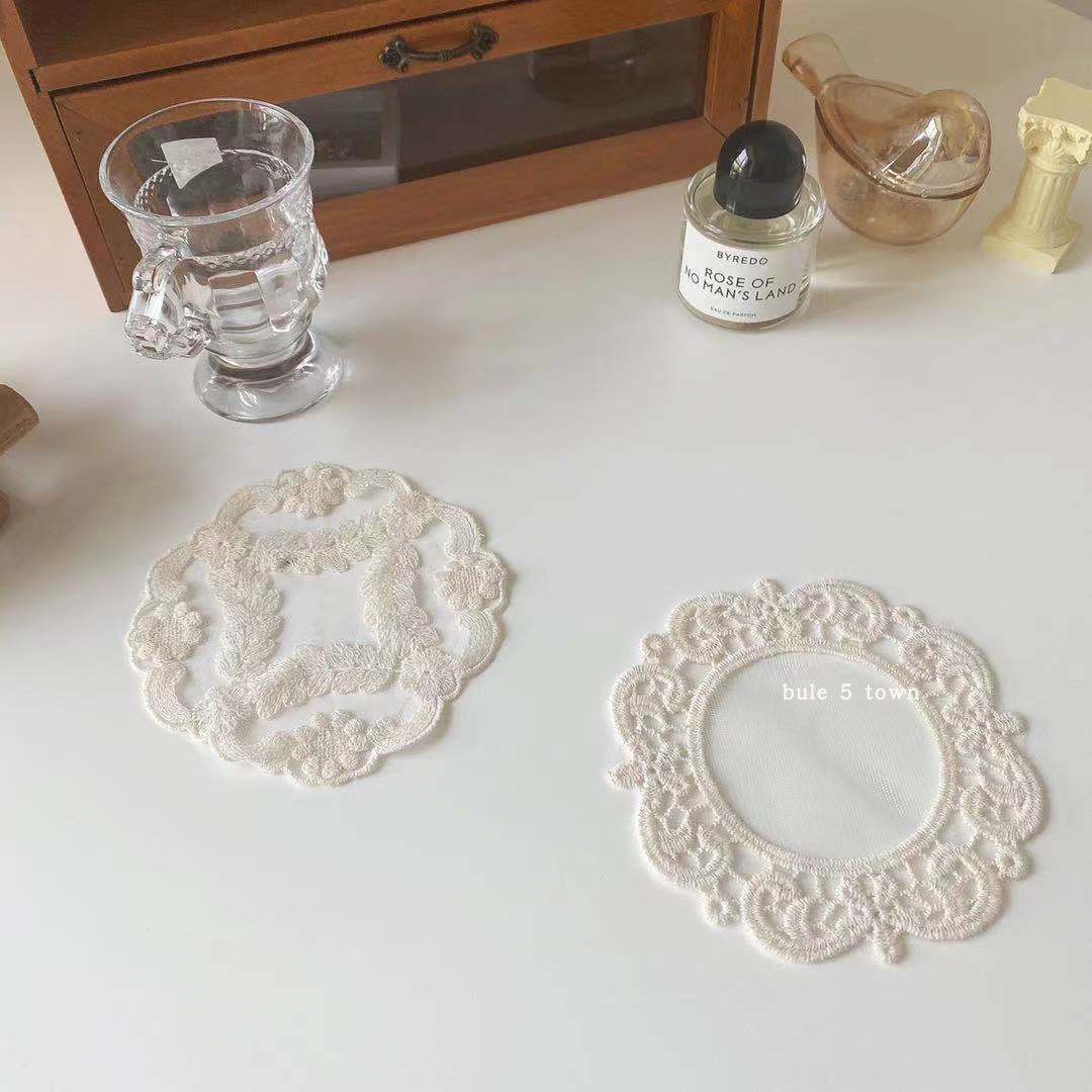 ins Simple Style Embroidered Lace Coaster Heat Insulation Pad Round Handmade European-Style Hollow Tea Cup Mat Fabric Small Pad