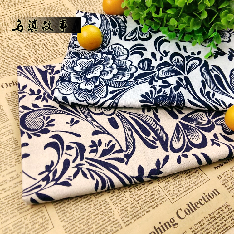 Green flower porcelain cloth retro cotton linen cloth decoration printed clothing fabrics National Wind Tea Museum Restaurant Decorative Cloth