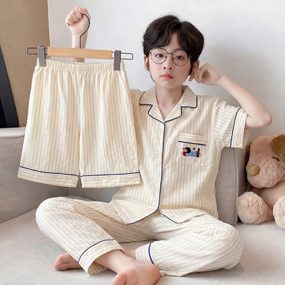 Children's Pajamas for Boys 2026 New Style Cloud Cotton Short-Sleeved Medium and Large Kidsren's Summer Thin Three-Piece Set for Boys That Can Be Worn — 2