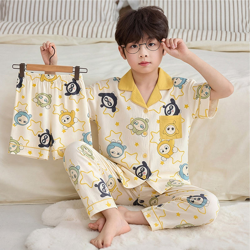 Children's Pajamas for Boys, Summer Cloud Cotton Short-Sleeved 2026 New Cartoon Egg Boy Three-Piece Set for Junior High School Students Children's Pajamas for Boys, Summer Cloud Cotton Short-Sleeved 2026 New Cartoon Egg Boy Three-Piece Set for Junior High School Students
